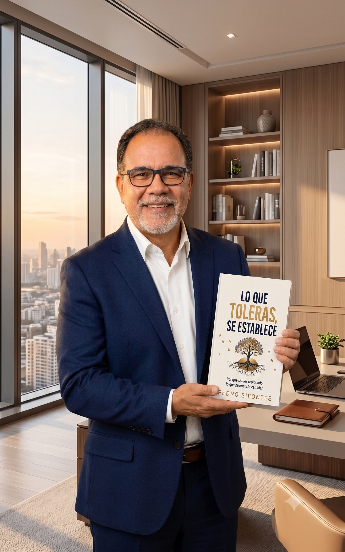 Retrato de Pedro Sifontes sosteniendo el libro Lo que Toleras, Se Establece